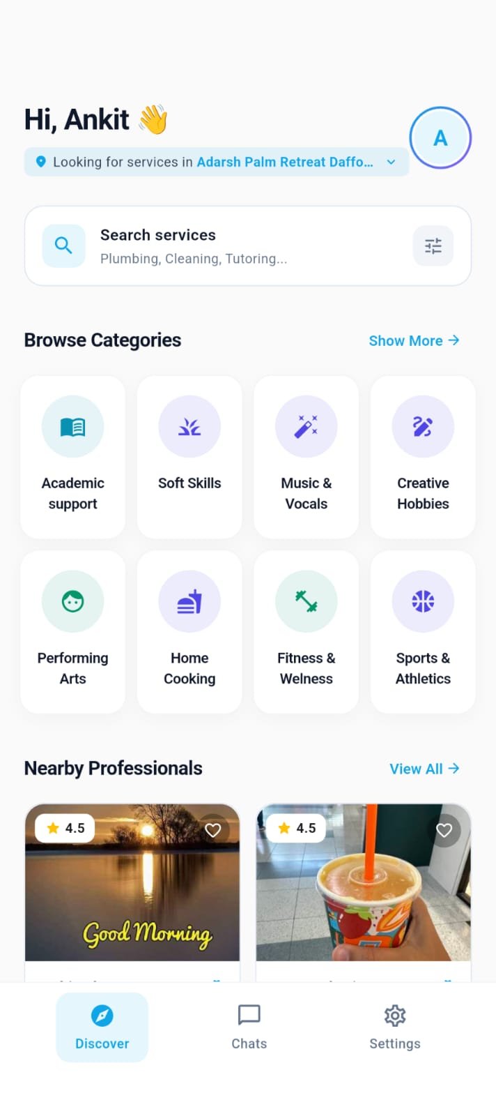 SkillIt app showing nearby professionals and service categories